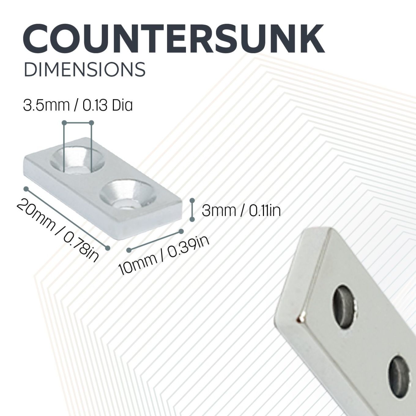 N42 Neodymium Countersunk Rectangular Magnet - 13/16 in. x 3/8 in. x 1/8 in. Hole - 9.26lbs Pull