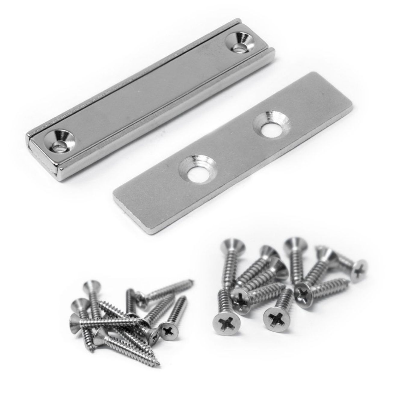 Countersunk Magnet & Steel Plate Pack - 1-9/16 in. x 17/32 in. x 3/16 in. thick Neodymium Channel Magnet w/ 2x 3.3mm c/sunk holes - 37.5lbs Pull