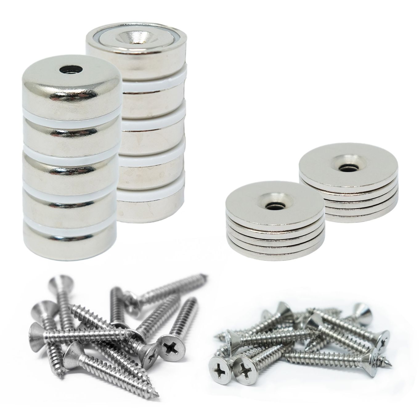 Neodymium Pot Magnets, Steel Discs & Screws Pack - 1 in. dia
