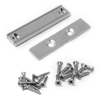 Countersunk Magnet & Steel Plate Pack - 1-9/16 in. x 17/32 in. x 3/16 in. thick Neodymium Channel Magnet w/ 2x 3.3mm c/sunk holes - 37.5lbs Pull