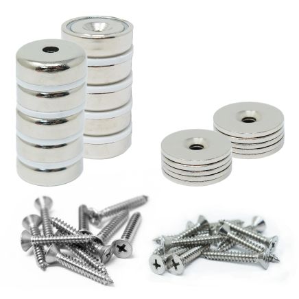 Neodymium Pot Magnets, Steel Discs & Screws Pack - 1 in. dia